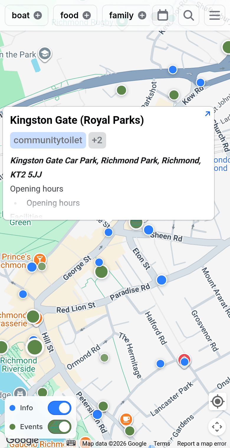 The Trupin map zoomed into central Richmond upon Thames, with real pins across multiple data layers — restaurants, events, live webcams and more.