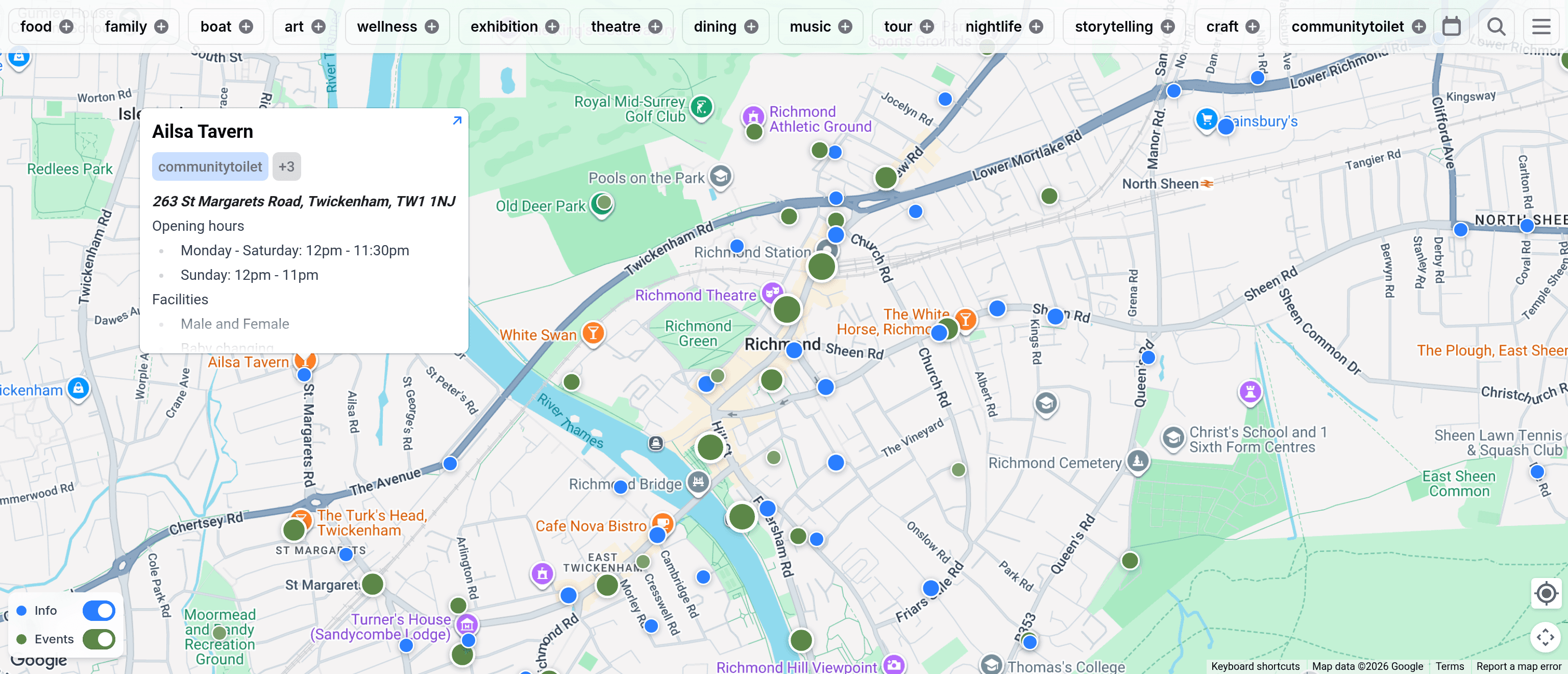 The Trupin map over Richmond upon Thames, with real pins across multiple data layers — events, blue plaques, live webcams and bathing-water sites.
